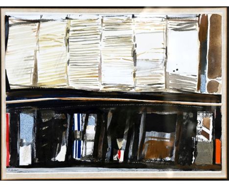 KOLLER  Oskar (1925 Erlangen - 2004 Fürth) "Ohne Titel", Mischtechnik: Aquarell, mit aufgeklebten Papierstreifen, 27,5x37,7cm