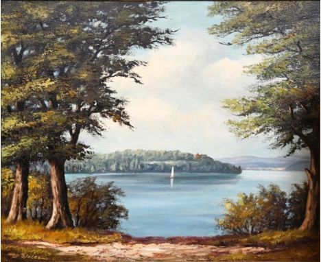 WELTE Willi (20. Jahrhundert, Konstanz) "Mainau im Bodensee", Blick vom gegenüberliegendem Ufer, Ölgemälde auf Leinwand, sign