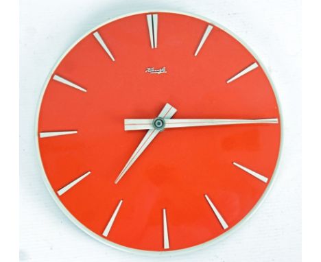 WANDUHR  Kienzle Vintage, rundes Kunststoffgehäuse, Ziffernblatt in Orange mit hellen Indizes, Batterie, D 24cm, läuft an, gu
