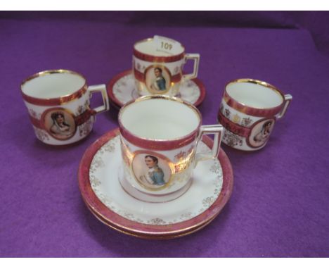 A selection of vintage tea cups and saucers with Napoleon and Josephine print some marked 92 to base