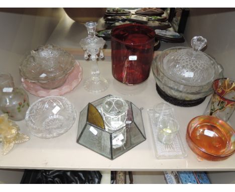 A selection of vintage glass wares including Ruby and carnival 