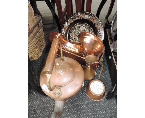 A selection of vintage copper wares including Smiths egg timer and footed container