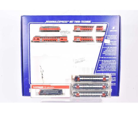 Fleischmann N Gauge German Regional Express Part Train Set and Swiss Electric Train, all boxed/cased starter set 69369 Region