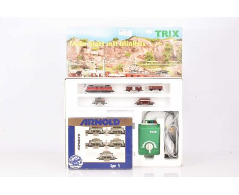 N Gauge Swiss Part Freight Set and Swiss Hopper Wagon Set,  both boxed, Minitrix 11454 freight starter set, includes SBB 1141