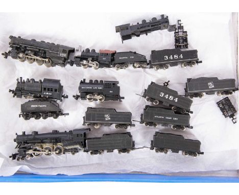 N Gauge American Steam Locomotives and  Various Tenders, all unboxed, in black livery some damage, Rivarossi/Atlas 4-6-2 with