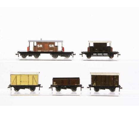 Hornby-Dublo 00 Gauge 3-Rail early post-war SR wagons, off white Meat Van, brown Open Truck, Van , Guards Van and a made up Q