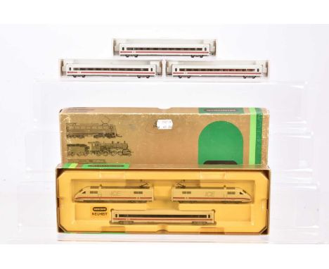 Minitrix N Gauge ICE High Speed Train and Fleischmann ICE Coaches, all cased/boxed, Minitrix 12855 three car highspeed train,