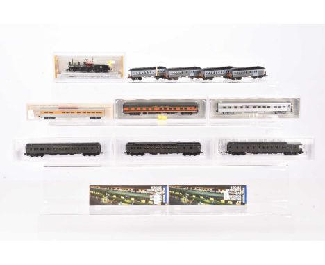 N Gauge American Steam Locomotive with Tender and Coaching Stock,  cased, Bachmann 1175 4-4-0 American 124 locomotive in blac