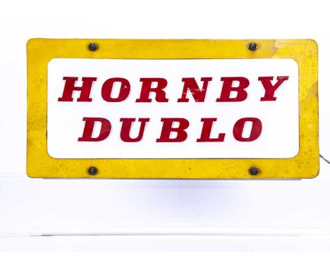 Rare Hornby-Dublo illuminated Shop Display sign, with white vacuum formed front with embossed HORNBY DUBLO in red,  glued on 