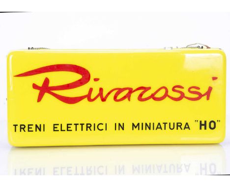 1960s Plastic Illuminated Hanging Rivarossi Sign with Damage, of rectangular cuboid form yellow plastic inscribed Rivarossi T