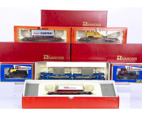 Rivarossi HO Gauge Flat Trucks with Lorry Loads and Car Transporters, all boxed, flat trucks, 2088, 2116, 2100 each with arti