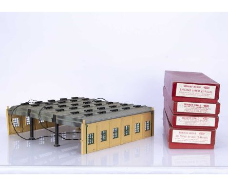 Hornby-Dublo 00 Gauge 2-Rail 5005 and 5006 plastic Engine Shed kits unbuilt and made up, six road Shed made up, F, some suppo