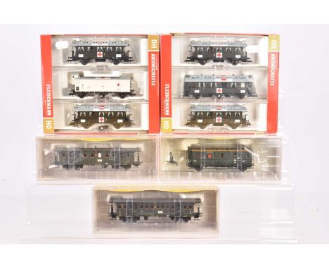 German HO Gauge Military Hospital and Branchline Coaching Stock, all cased, Fleischmann triple pack four/six wheeled KPEV hos