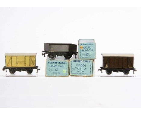 Hornby-Dublo 00 Gauge 3-Rail early post-war SR wagons, Goods Van, Meat Van and Coal wagon, all in original light blue boxes, 