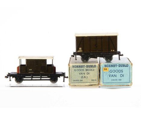 Hornby-Dublo 00 Gauge 3-Rail early post-war SR wagons, Goods Van and Brake Van, both in original light blue boxes, G-VG, boxe