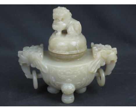 CHINESE CARVED HARDSTONE KORO OR LIDDED CENSER, the domed cover with Dog of Fo pediment, the baluster shaped body with masque