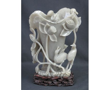 SPECTACULAR CHINESE CARVED JADE, FLOWER SHAPED VASE carved and pierced with lotus blooms and seed pods and with various birds