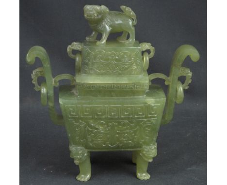 CHINESE CARVED GREEN JADE ARCHAIC DESIGN, LIDDED CENSER, the cover with ring handles and Dog of Fo, the body with long scroll
