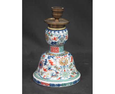 CHINESE PORCELAIN BELL SHAPED CANDLE BASE in Ducai style enamels, overall decorated with bats and scroll floral decoration wi