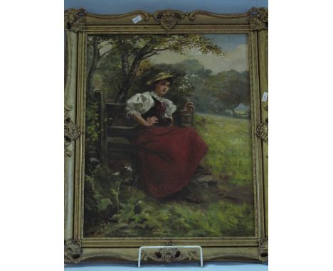 R. BELGRAVES, (British 19th Century), portrait of a milkmaid sitting on stile, oils on canvas, signed and dated: 1880. 52cm x