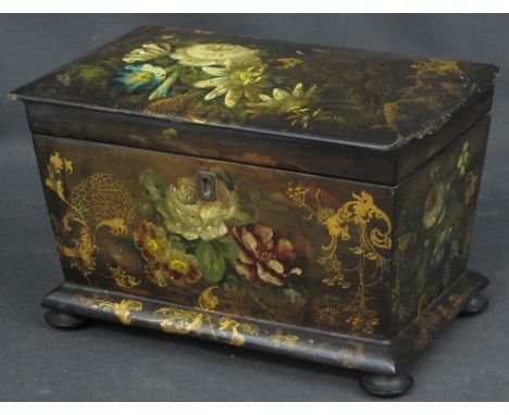 MID 19TH CENTURY JAPANED PAPIER MACHÉ SARCOPHAGUS SHAPED TEA CADDY, overall painted with peacocks and flowers amongst foliate