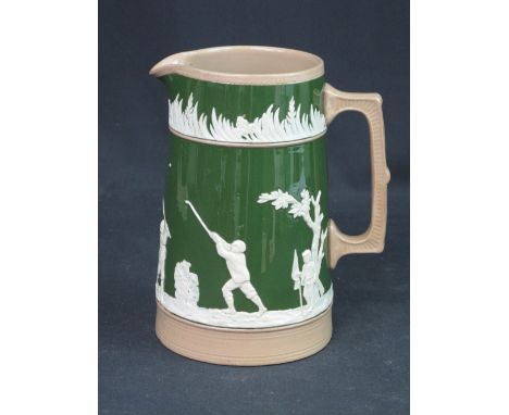 A COPELAND POTTERY GOLFING JUG OF CYLINDRICAL FORM, decorated in applied relief with figures in landscapes playing a game. Sq