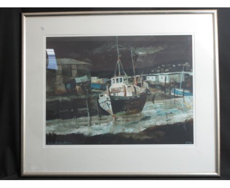 AFTER JOHN KNAPP-FISHER, (British born 1931, died 2015), "Boatyard at Borth" harbour scene with boats and figures, signed and
