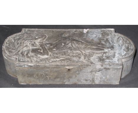 AUGUSTE LOUIS MATHURIN MOREAU (FRENCH, 1834 - 1917) AN ART NOUVEAU DESIGN PEWTER BOX AND COVER. The cover repousse decorated 