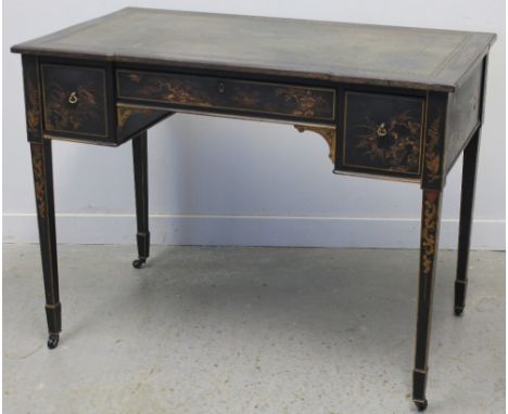 EARLY 20TH CENTURY CHINOISERIE DECORATED LADIES WRITING TABLE, having inset tooled leather writing surface above three drawer