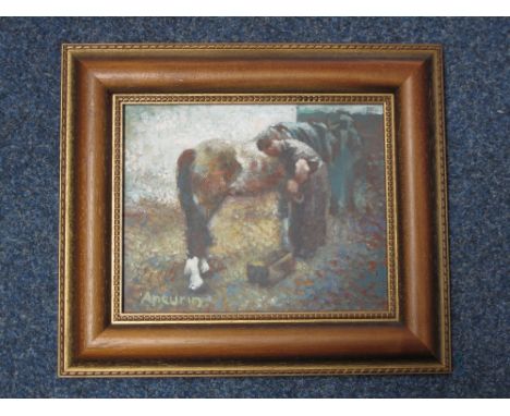 ANEURIN M. JONES, (20th Century, Welsh), 'A Mighty Man is He, Heulwen, Aberteifi', oils on board, signed, 21cm x 26cm CONDITI