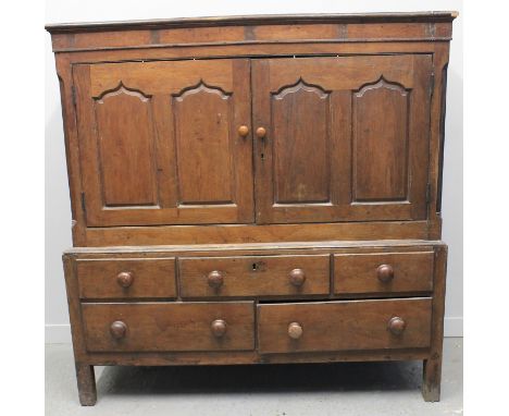 LATE 18TH CENTURY WELSH OAK LOW PRESS CUPBOARD having moulded top above scarcely moulded frieze, two ogee pointed arch blind 