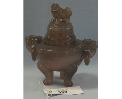 CHINESE CARVED HARDSTONE BALUSTER SHAPER KORO OR LIDDED CENSER, the dome cover with Dog of Fo mount, the body with two ring l