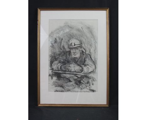 VALERIE GANZ, (Welsh, born 1936, died 2015) 'Portrait of a Pensive Miner', charcoal and watercolours.  48cm x 32cm CONDITION 