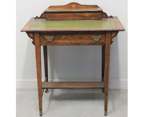 19TH CENTURY ROSE WOOD LADIES WRITING DESK, having raised stationary cabinet, pen tray with hinged cover to the back, tooled 