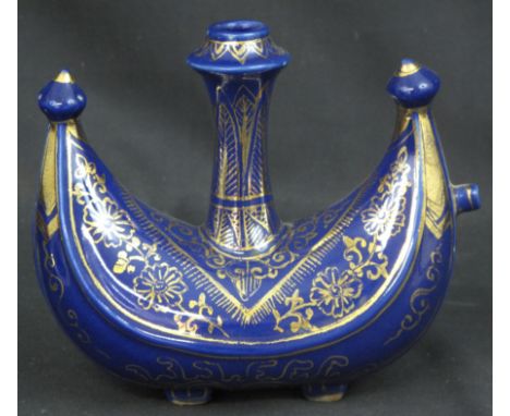 CHINESE PORCELAIN OVERALL BLUE GLAZED, BOAT SHAPED FLASK with central handle/neck, overall with foliate and scrolled, gilded 