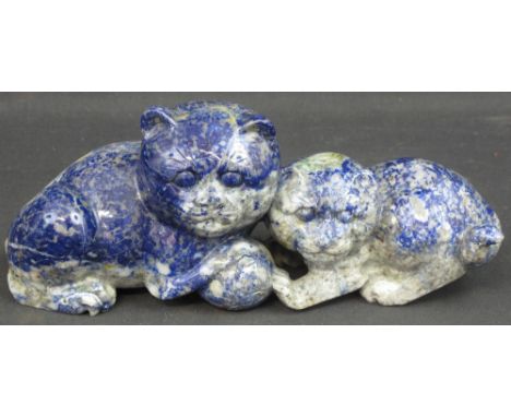 CHINESE CARVED LAPIS LAZULI HARDSTONE GROUP OF A CAT AND KITTEN PLAYING WITH BALL. 29cm long. * CONDITION REPORT: Rather grub