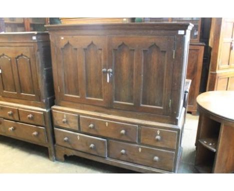 EARLY 19TH CENTURY WELSH OAK LOW PRESS CUPBOARD having moulded cornice over chequer banded frieze with two ogee pointed arch 