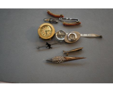 Silver and Enamel Charles Horner Pin Brooch, Clock Tape Measure (Novelty), A Compass Loop &amp; Other Brooches to include a F