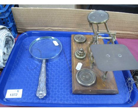 Hallmarked Silver Handled Magnifying Glass, 21.5cm long, oak based brass letter scales with weights.