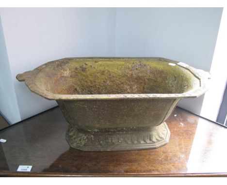 Art Deco Cast Iron Planter, rectangular with canted corners, three stamped under one of the two protuding handles, on stepped