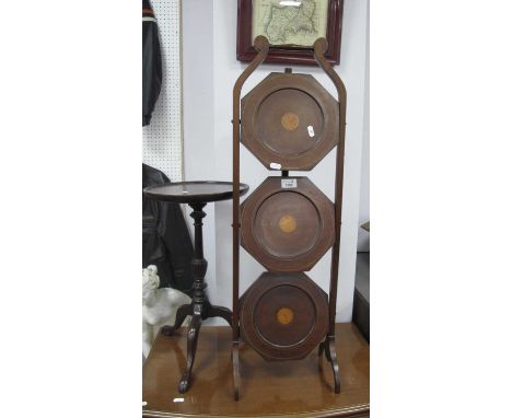 Edwardian Mahogany Folding Three Tier Cakestand, with batwing inlay, tripod based wine table. (2).