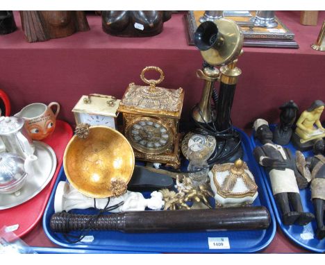 Candlestick Telephone 21 Gen 66/1, in black lacquer and brass, mantel clocks, wooden truncheon, etc:- One Tray.