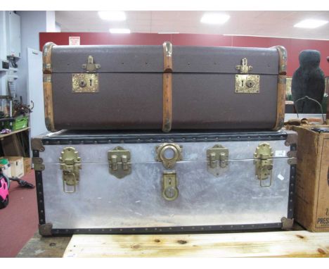 Aluminium Travel Trunk, 92cm wide, a wood bound earlier example. (2)