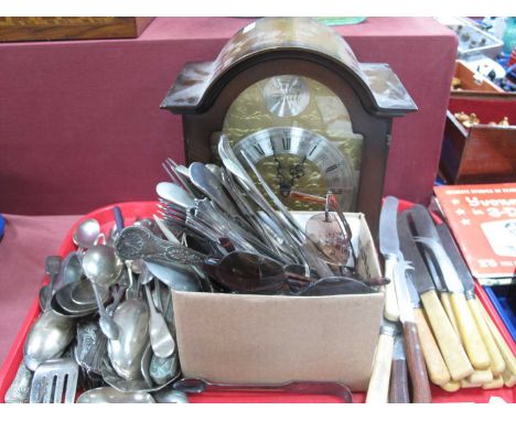 Silver Sugar Tongs, plated cutlery, knives, mantle clock, etc:- One Tray