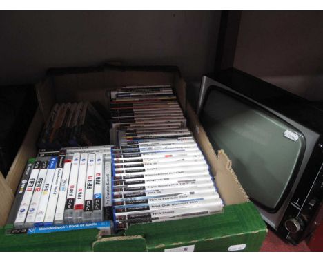 Approx. Sixty PlayStation games mainly PS2, some PS3, PSP etc. together with a Ferguson Model No. 3845 vintage TV. 1 Box plus