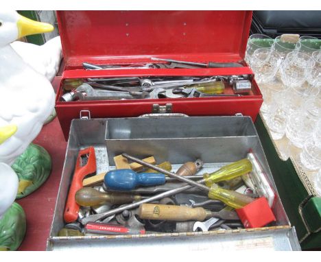 Screwdriver, chisel, pliers, spanners, adjustable spanner, in two tool boxes.