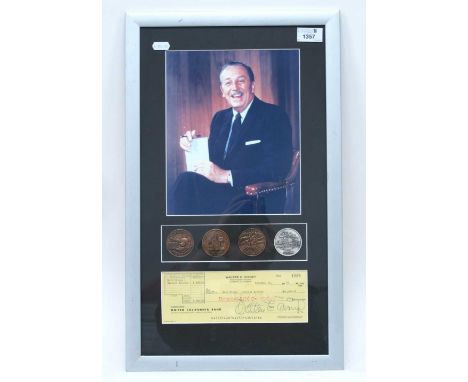 Walt Disney Autograph, blue ink signed (unverified) on a cheque, with coins and image as a montage overall 54 x 32.5cmCannot 