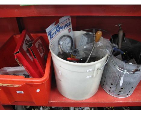 Spanners, G Glamps, pressure gauge, many other tools, in two plastic containers and metal bucket.