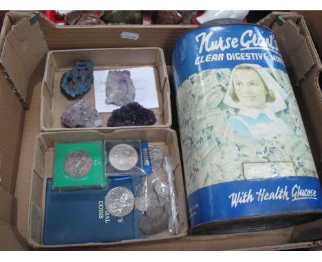 Coinage - quantity of sixpence, crowns, shillings, crystals amethyst etc. and a vintage 'Clear Digestive Mints' tin. 1 Box