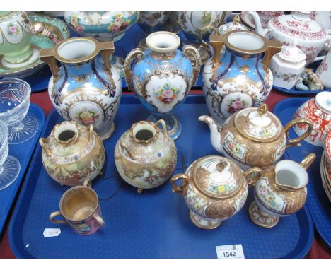 Noritake - Pair of hand painted early XX Century vases with light blue shoulders, gilt overlay and twin handles 18cm high, gl